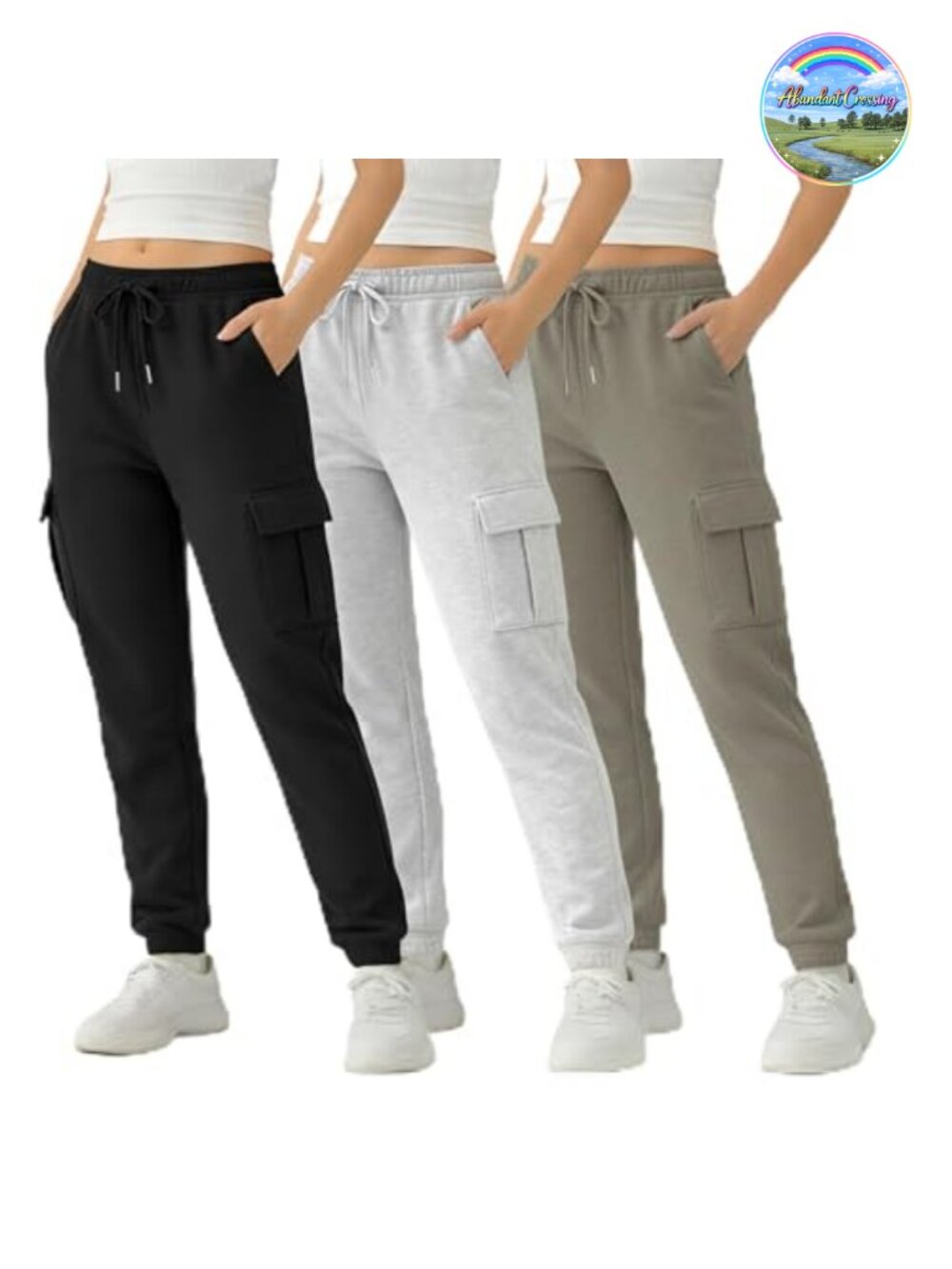 Fleece Cargo Joggers for Women, 4 Pockets, Tapered Leg, 3 Pack